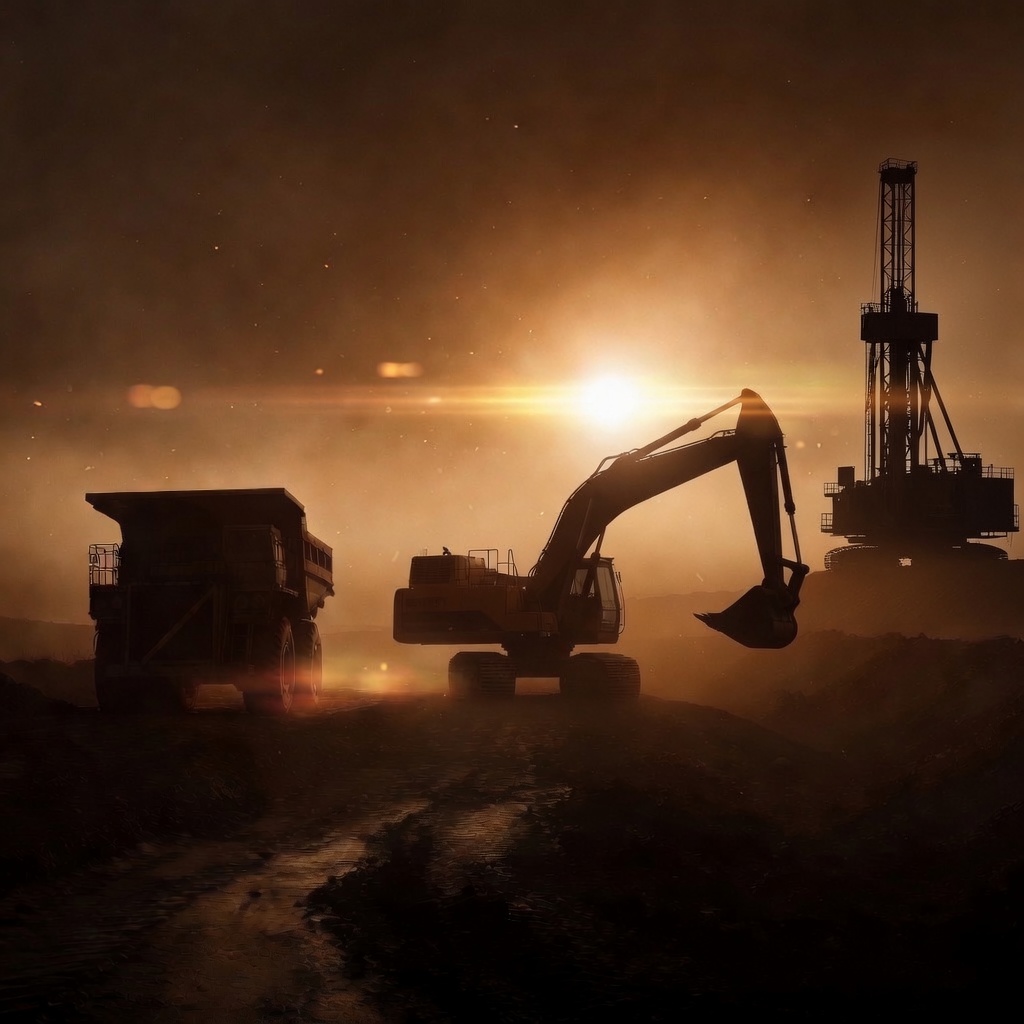 Heavy equipment silhouetted against a dusty sunset