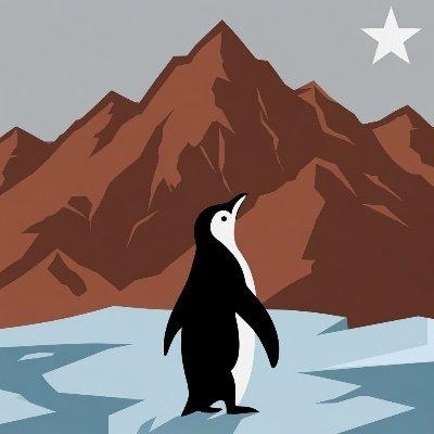 Illustration of a penguin standing on ice before red mountains